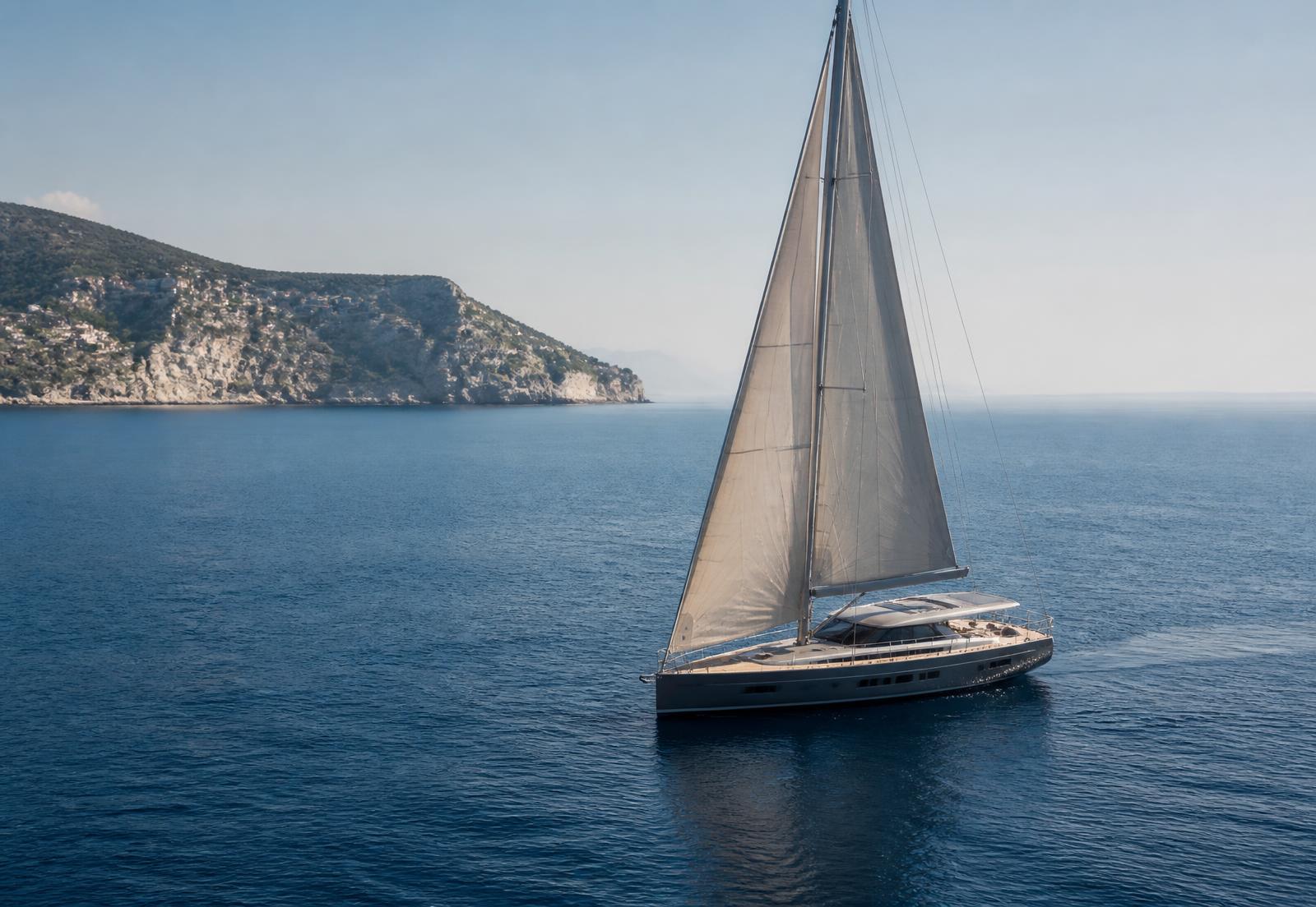 Elegant sailing yacht on deep blue open water